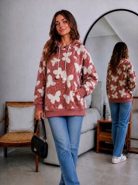 Cold Crush Rose Pink Butterfly Plush Hoodie size L
